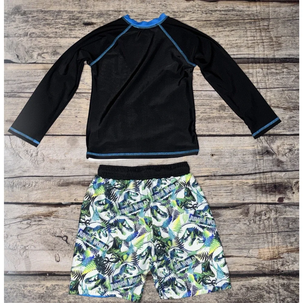 Boys Jurassic World Dinosaur Rash Guard Swim Trunks Outfit Set Blue size 5T